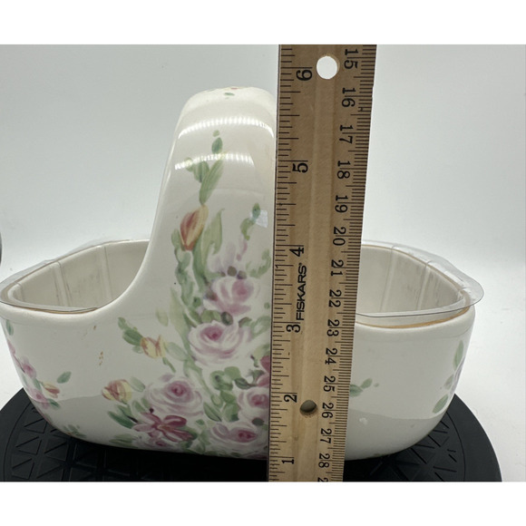 Teleflora Porcelain Basket Planter With Handle Pink Floral Design Plastic Liner - Picture 6 of 9